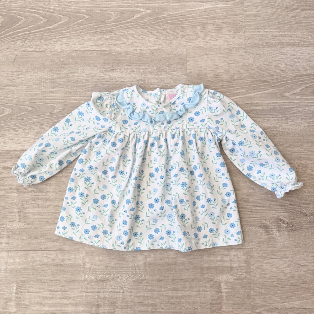 Stitchy Fish Girls 24M Blue Floral Ruffle Collar Long Sleeve Tunic Top White